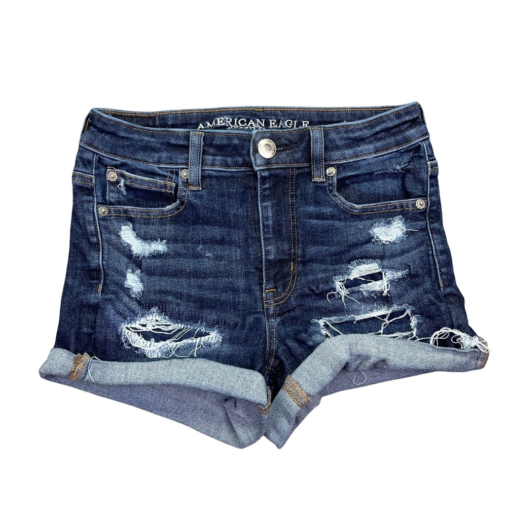 American Eagle Denim Shorts Distressed Ripped Cuffed Dark Wash Sz 4 Fits 25"‎